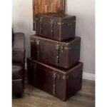 LITTON LANE Globetrotter Wood and Matte Brown Leather Decorative Trunk Set of 3 thumbnail 8