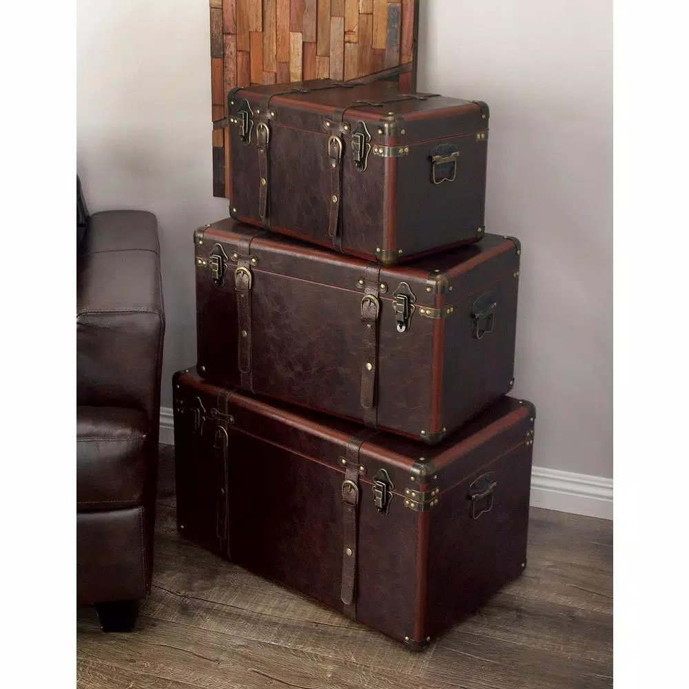 LITTON LANE Globetrotter Wood and Matte Brown Leather Decorative Trunk Set of 3