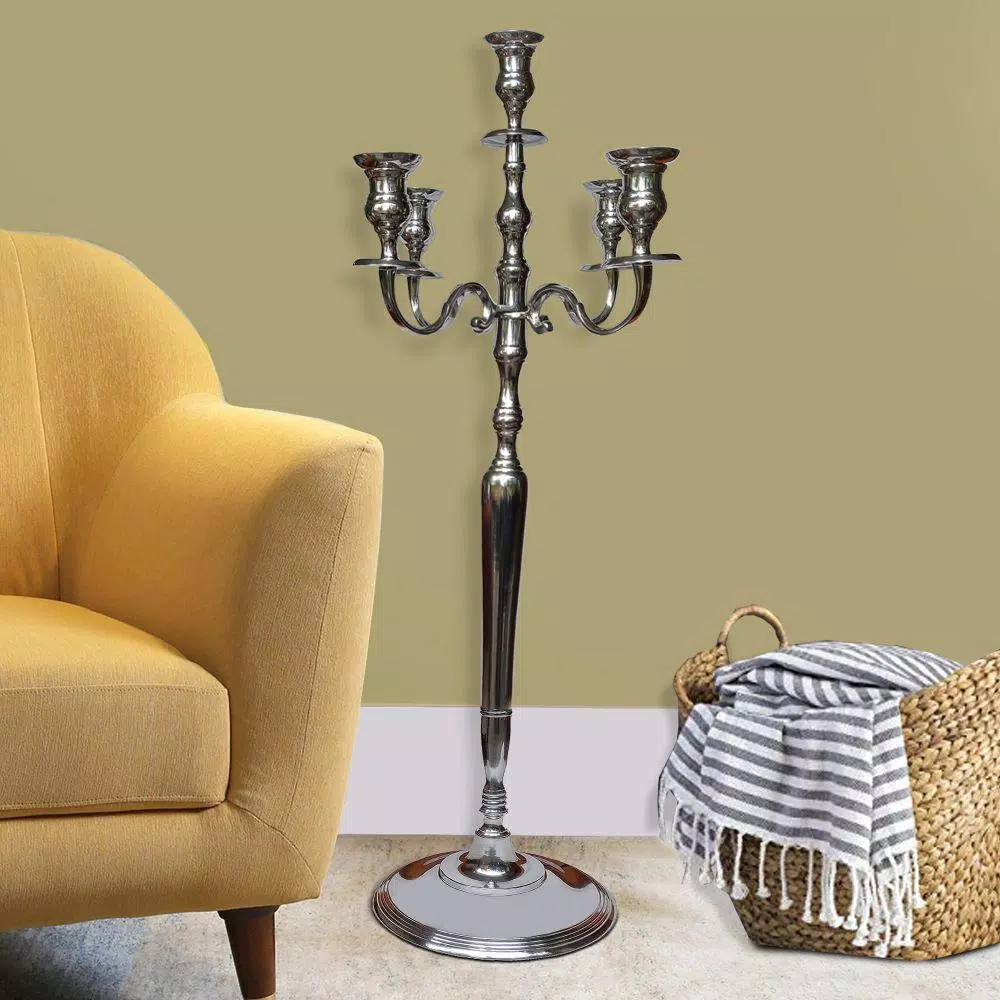 Benjara 48-Inch Silver Handcrafted Aluminum 5-Arm Candelabra with Fluted Tops
