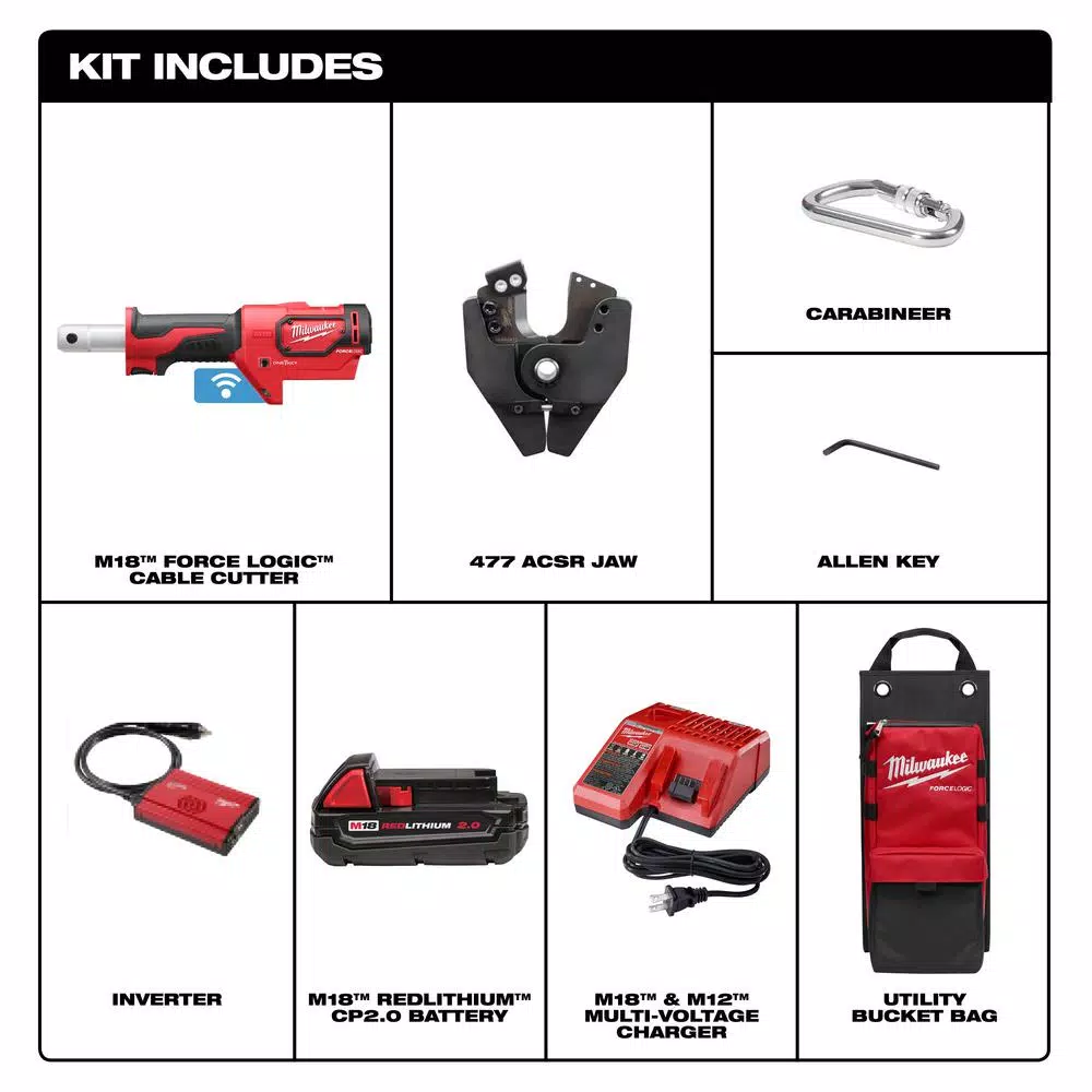 Milwaukee M18 FORCE LOGIC Cordless Cable Cutter Kit with 477 ACSR Jaws, 2.0Ah Battery & Charger