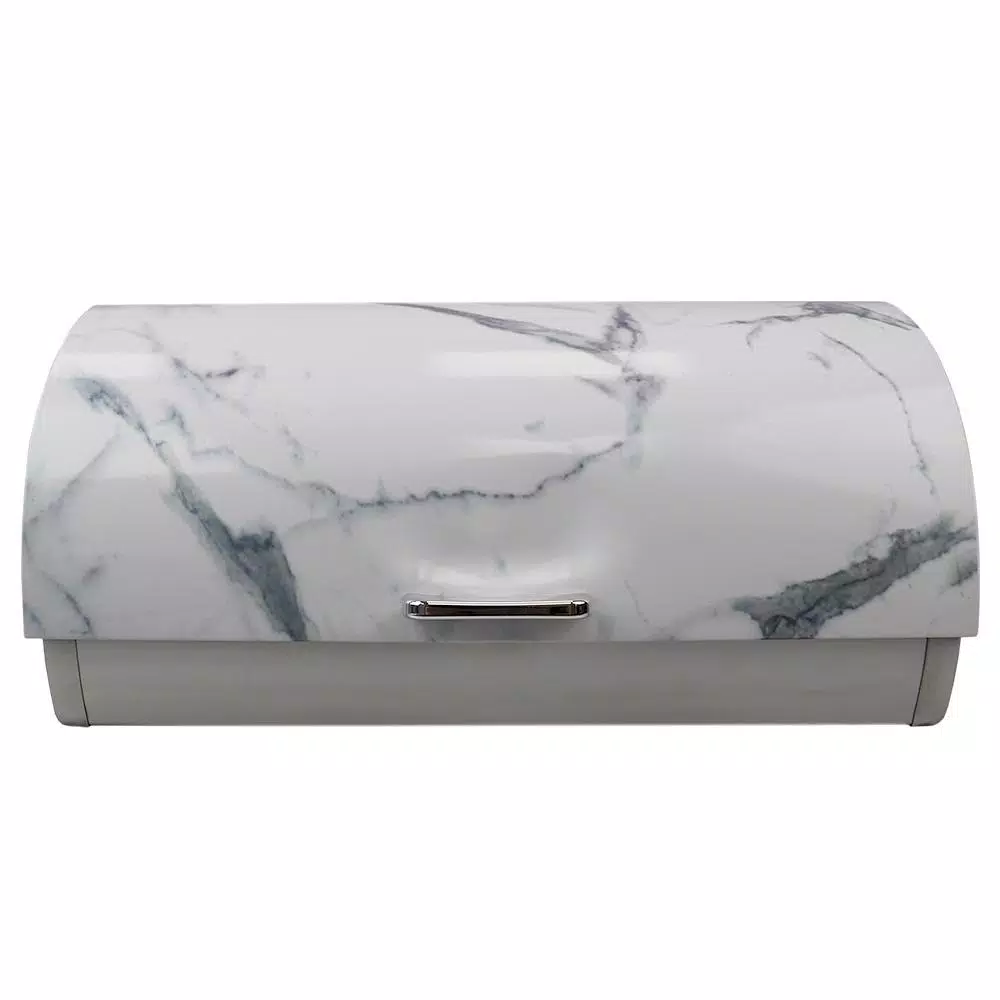 Unbranded White Marble Pattern Steel Bread Box with Roll Top Lid