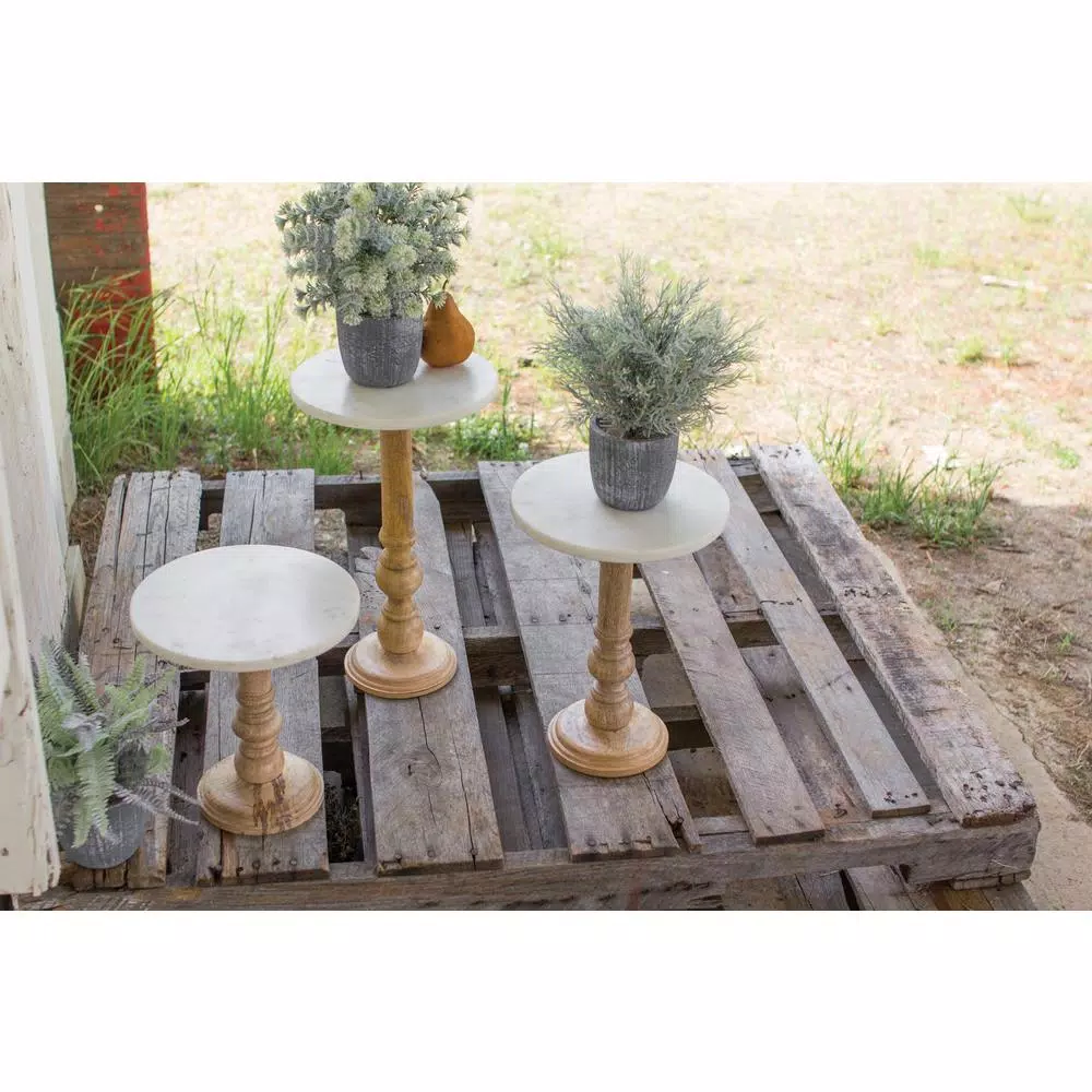Unbranded Set of 3 Marble and Wood Round Display Stands for Serving and Decor
