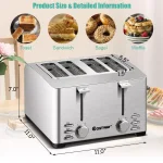 Costway 4-Slice Stainless Steel Extra-Wide Slot Toaster with Warming Rack and 6 Shade Settings thumbnail 5