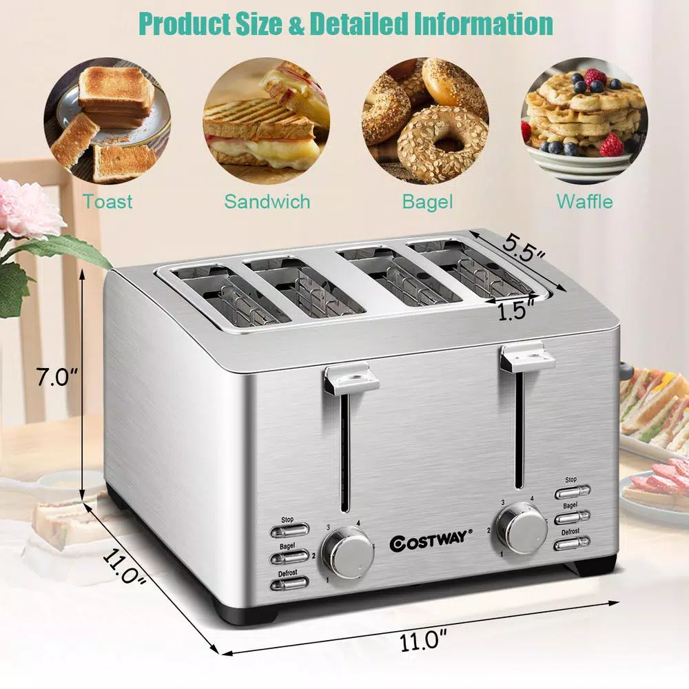 Costway 4-Slice Stainless Steel Extra-Wide Slot Toaster with Warming Rack and 6 Shade Settings