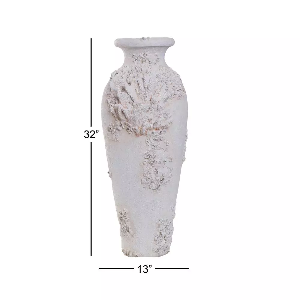 LITTON LANE Textural White Large Floor Vase with Sculptural Coral and Barnacle Nautical Decor