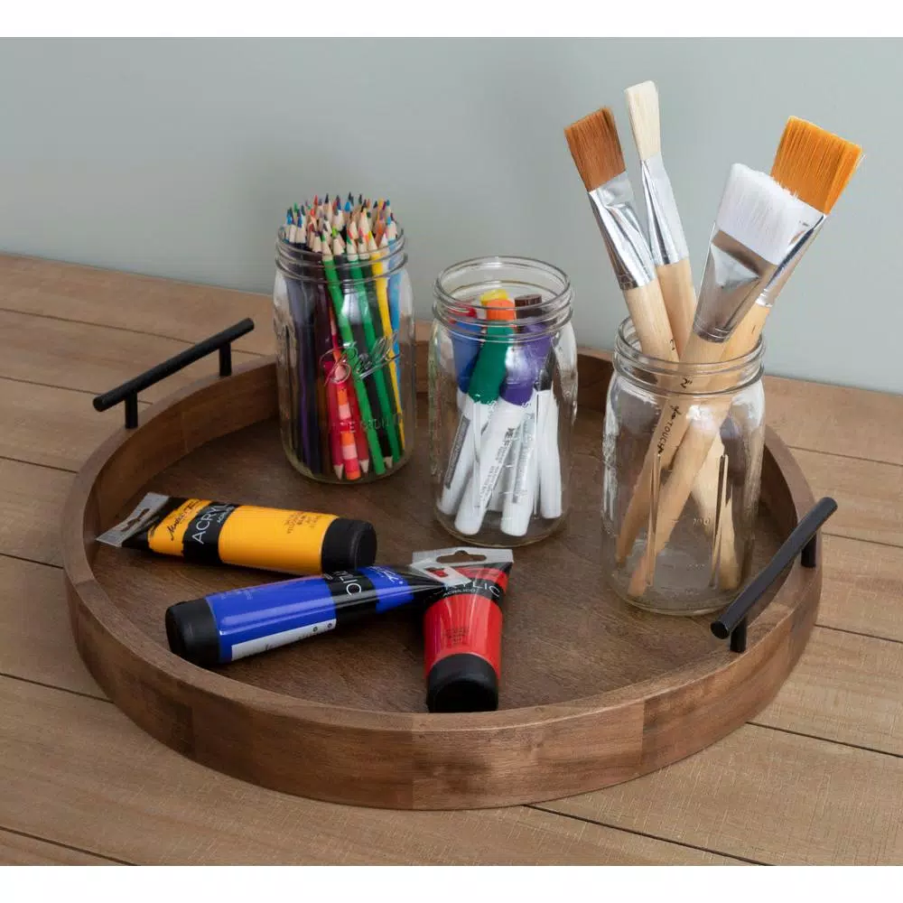 Kate and Laurel Lipton 18 in. Round Natural Wood Decorative Tray with Metal Handles