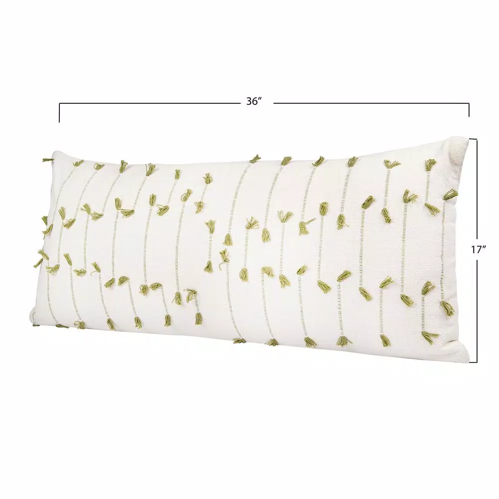 3R Studios White and Green Striped Handwoven Lumbar Throw Pillow, 36 in. x 16 in.