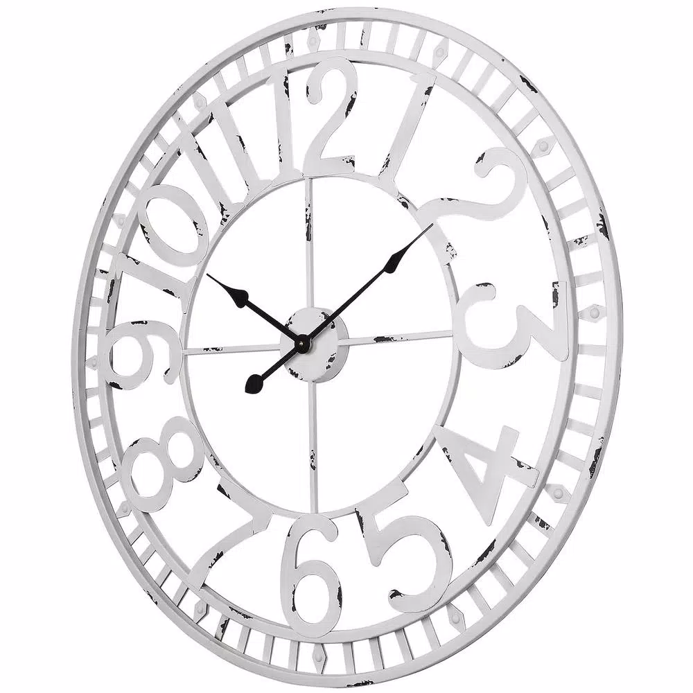 Utopia Alley Manhattan Industrial 32" Oversized Wall Clock, White Distressed Metal, Analog Quartz Movement
