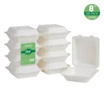 Unbranded 8 in. White Sugarcane Clamshell Containers, Compostable & Eco-Friendly (300 Pack) thumbnail 2