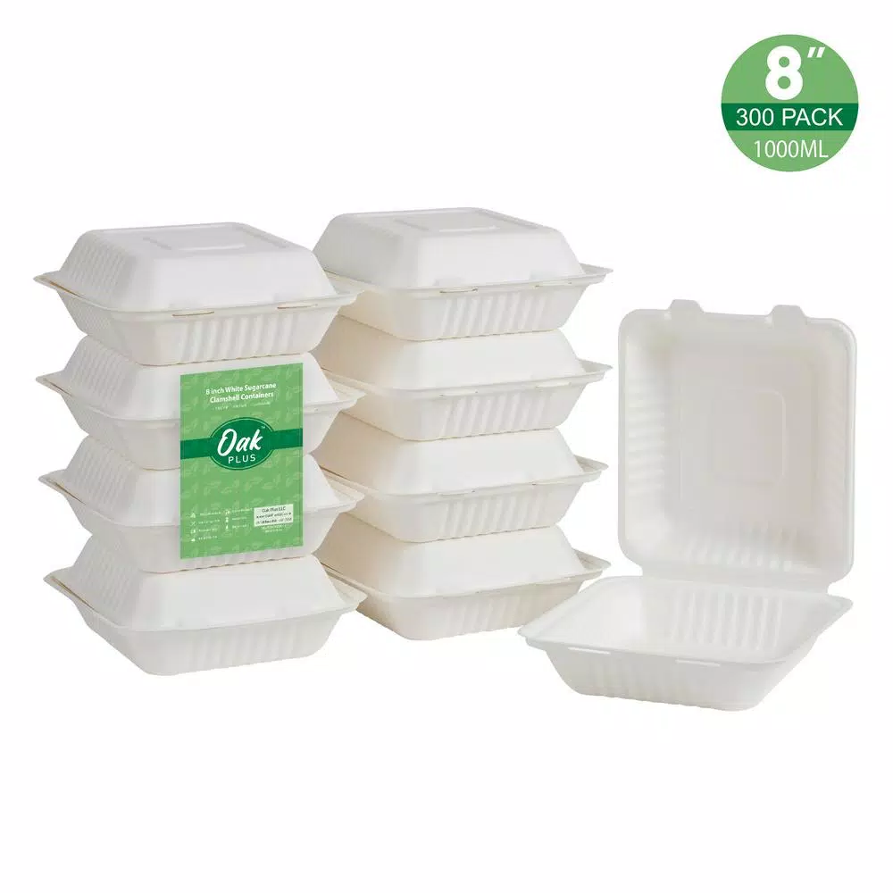 Unbranded 8 in. White Sugarcane Clamshell Containers, Compostable & Eco-Friendly (300 Pack)