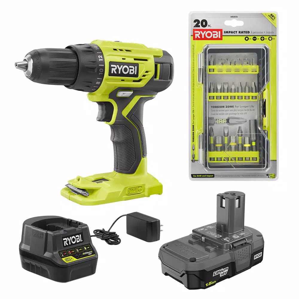 RYOBI ONE+ 18V Cordless 1/2 in. Drill/Driver Kit with 1.5 Ah Battery, Charger, and 20-Piece Impact Rated Driving Kit