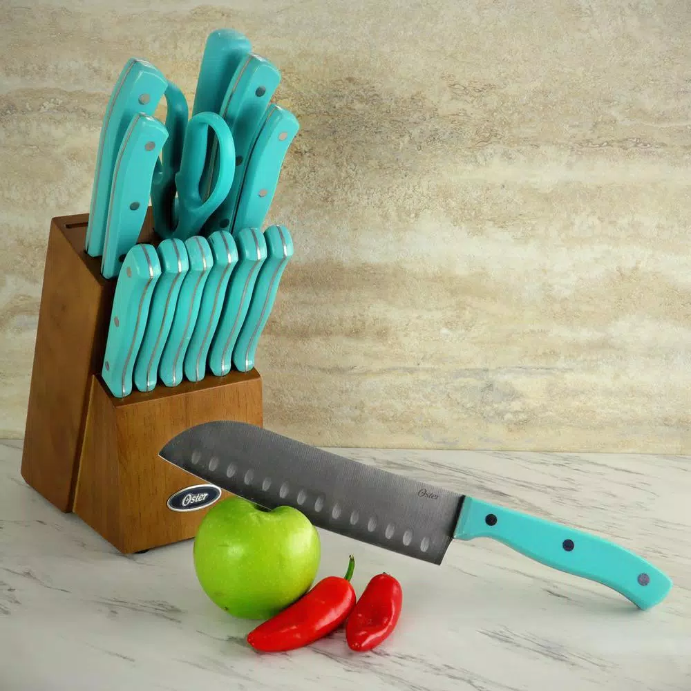 Oster Evansville 14-Piece Stainless Steel Knife Set with Rubberwood Block