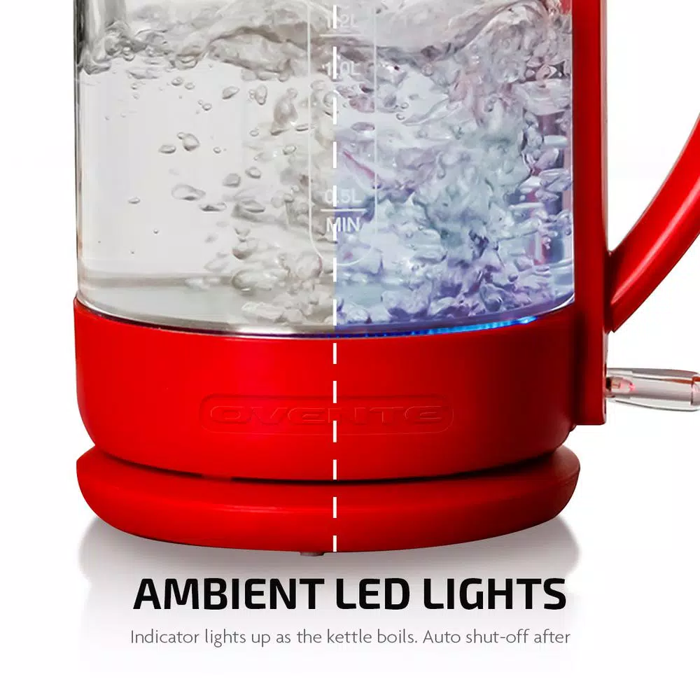 Ovente 1.5L Red Glass Electric Kettle with ProntoFill Technology, 1500W