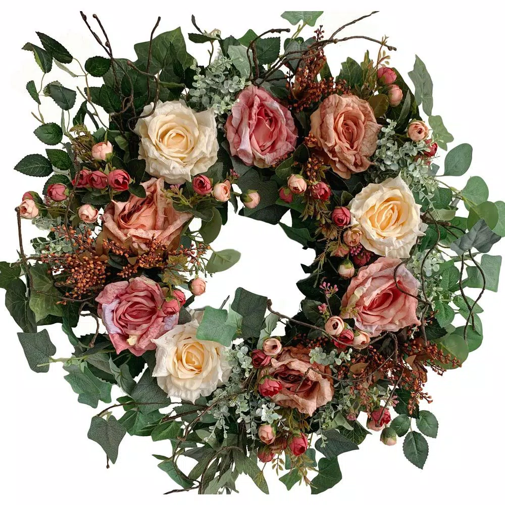 Glitzhome 26 in. Artificial Green Wreath with Roses, Eucalyptus, and Lambs Ear
