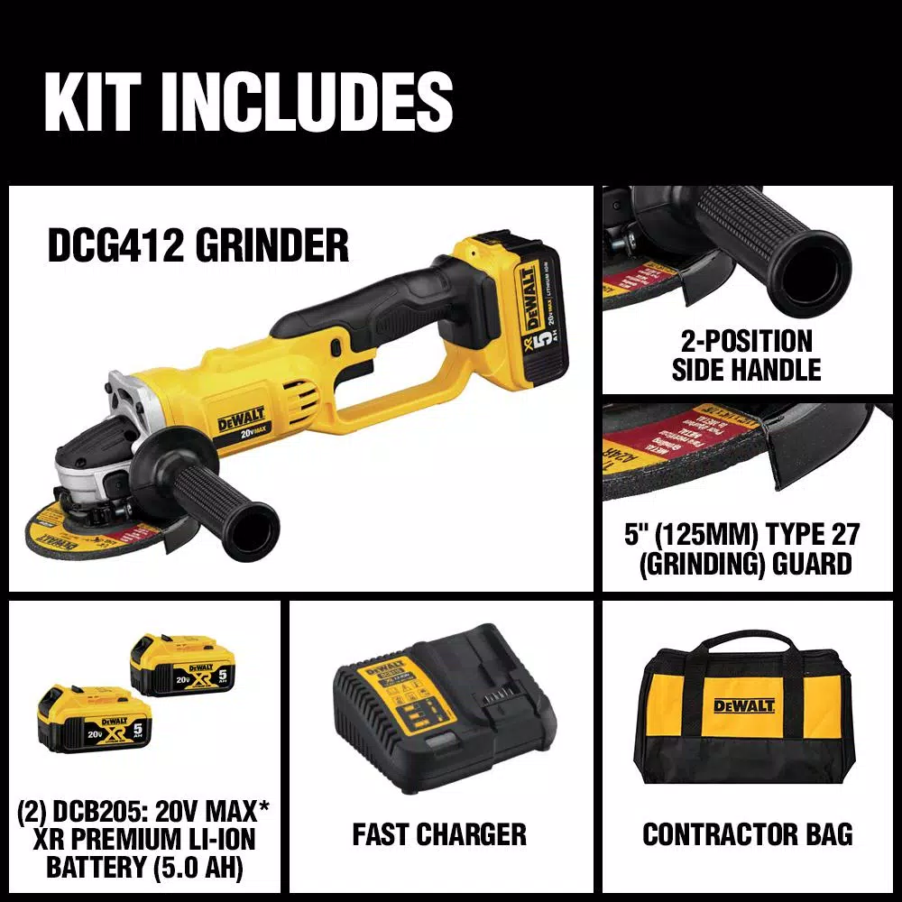 DEWALT 20V MAX Cordless 4.5-in. to 5-in. Angle Grinder Kit with (2) 5.0 Ah Batteries and Charger