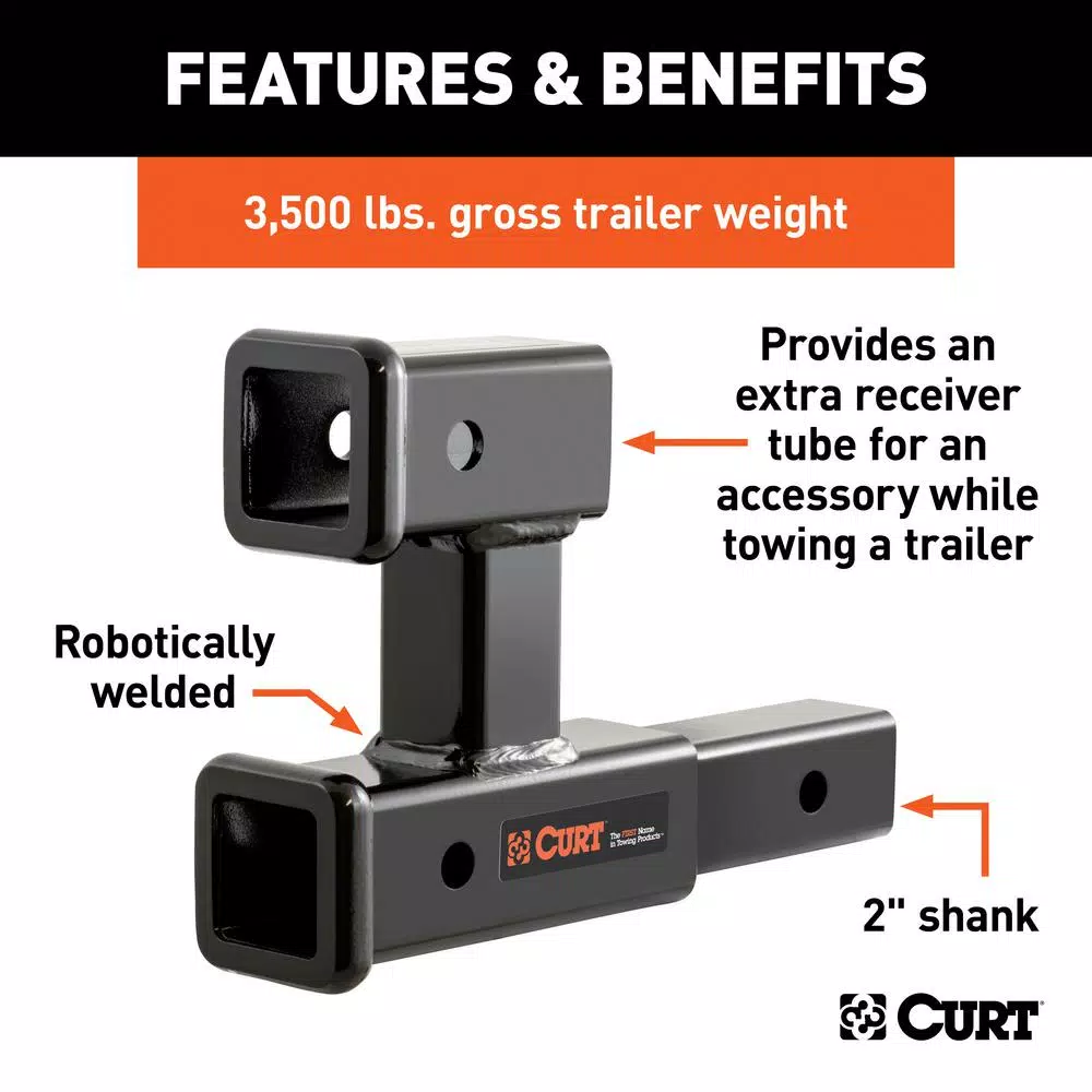 CURT 8-Inch Dual Receiver Extender, 2-Inch Shank, 3,500 lbs. Capacity, 5-13/16" Rise