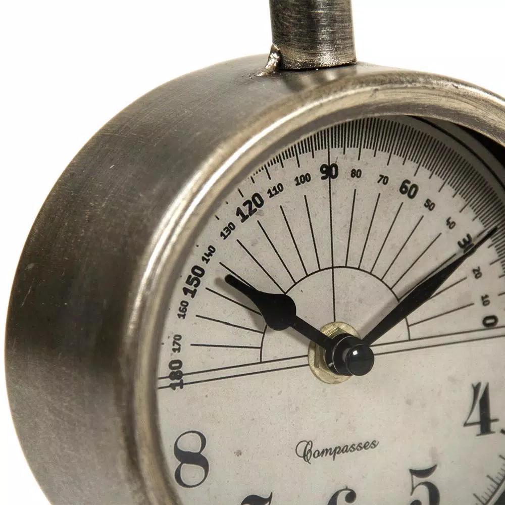 Zentique Rustic Mathematical Compass Shaped Table Clock - Antique Silver Metal Analog Desk Clock
