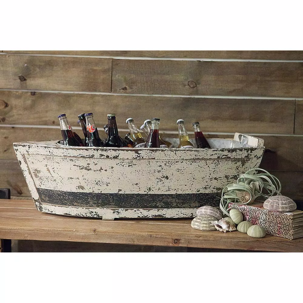 3R Studios Distressed Wood Decorative Boat with Tin Insert - Nautical Display Container