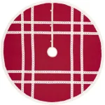 VHC Brands 55 in. Red Margot Farmhouse Christmas Tree Skirt with Diamond Lace and Creme Chambray thumbnail 1
