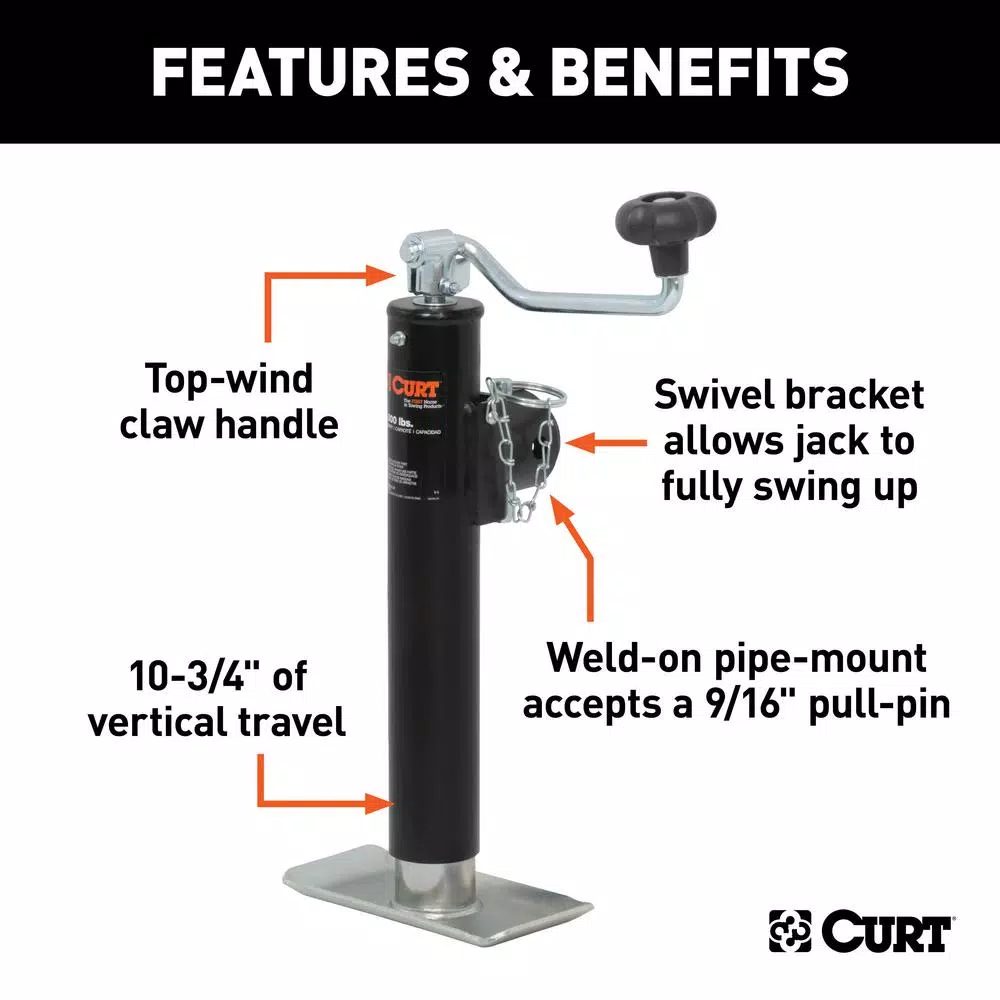 CURT Pipe-Mount Swivel Trailer Jack with Top Handle, 2,000 lbs. Capacity, 10 in. Travel