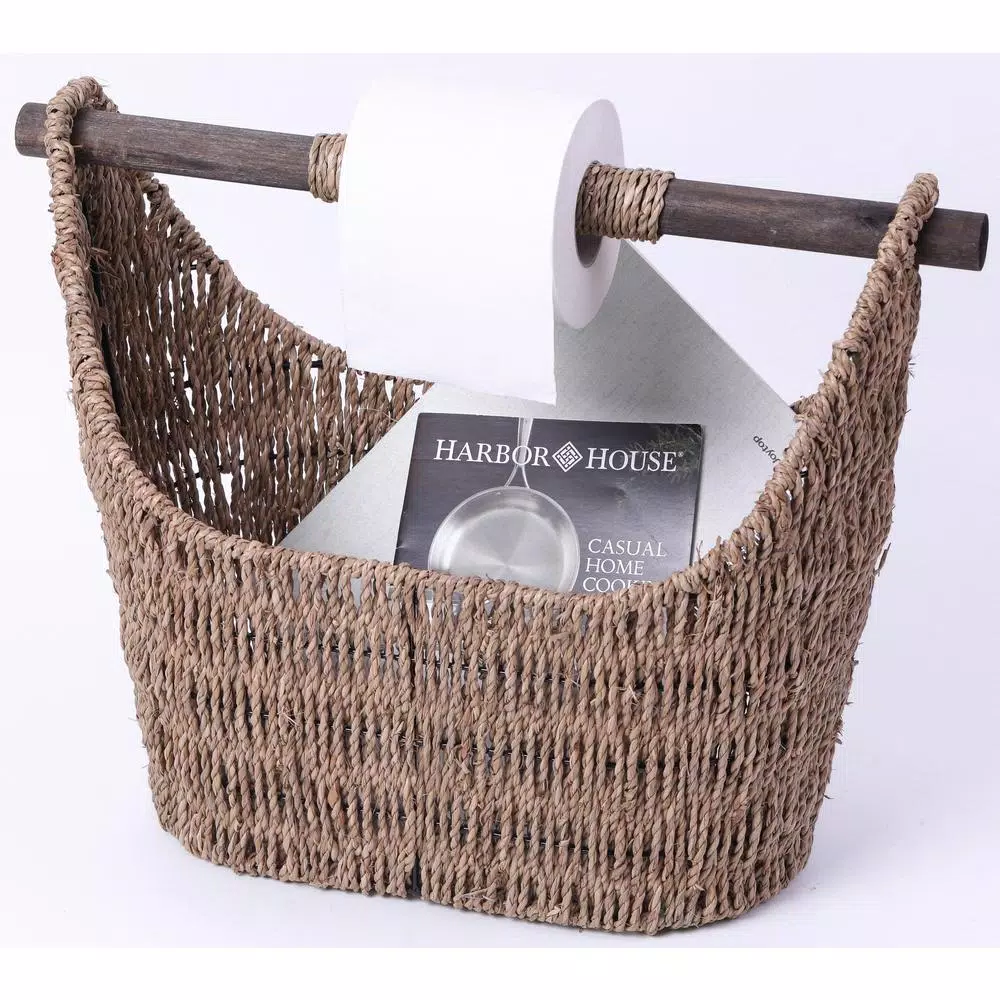 Unbranded Seagrass Magazine and Toilet Paper Holder Basket with Wooden Rod - Natural