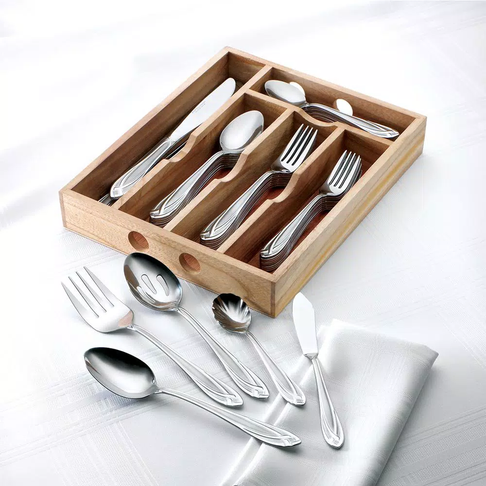 Hampton Forge Lace Frosted 54-Piece 18/0 Stainless Steel Flatware Set with Wood Caddy, Service for 8