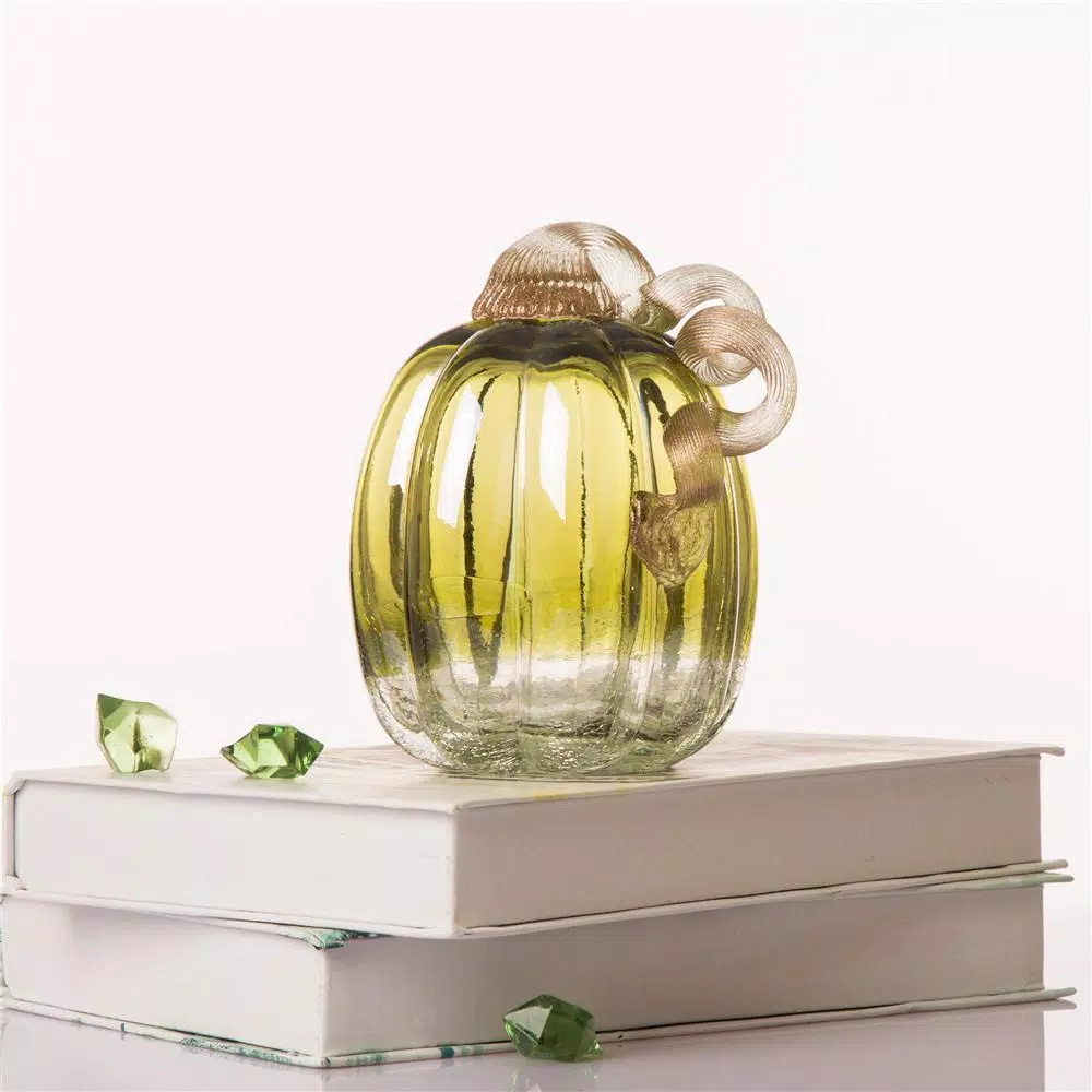 Glitzhome 5.51 in. Green Crackle Hand Blown Glass Pumpkin - Fall & Harvest Tabletop Decor