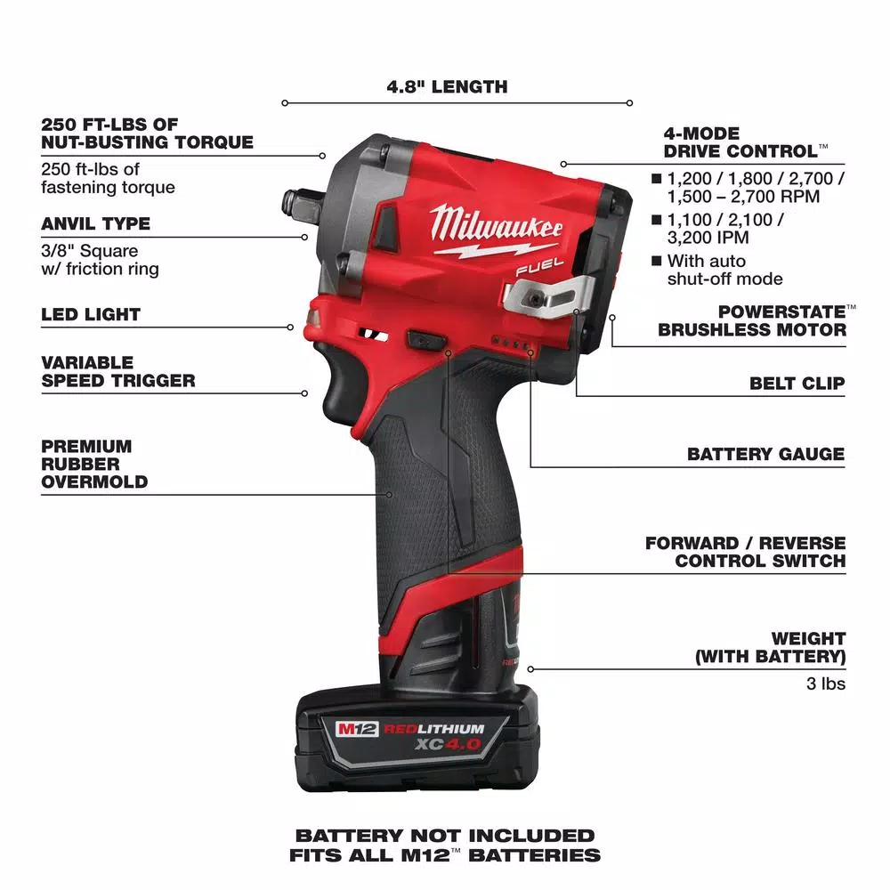 Milwaukee M12 FUEL 3/8 in. Stubby Brushless Cordless Impact Wrench Kit with Two Batteries and Charger