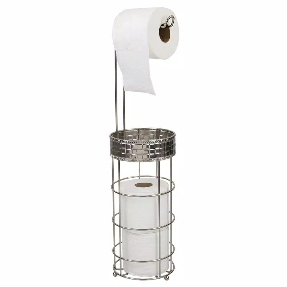 Home Basics Luxor Free-standing Toilet Paper Holder with Storage Basket, Satin Nickel