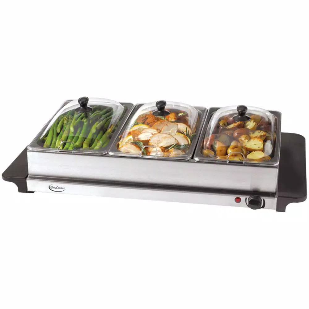 Betty Crocker 7.5 Qt. Stainless Steel Buffet Server Warming Tray with 3 Crocks