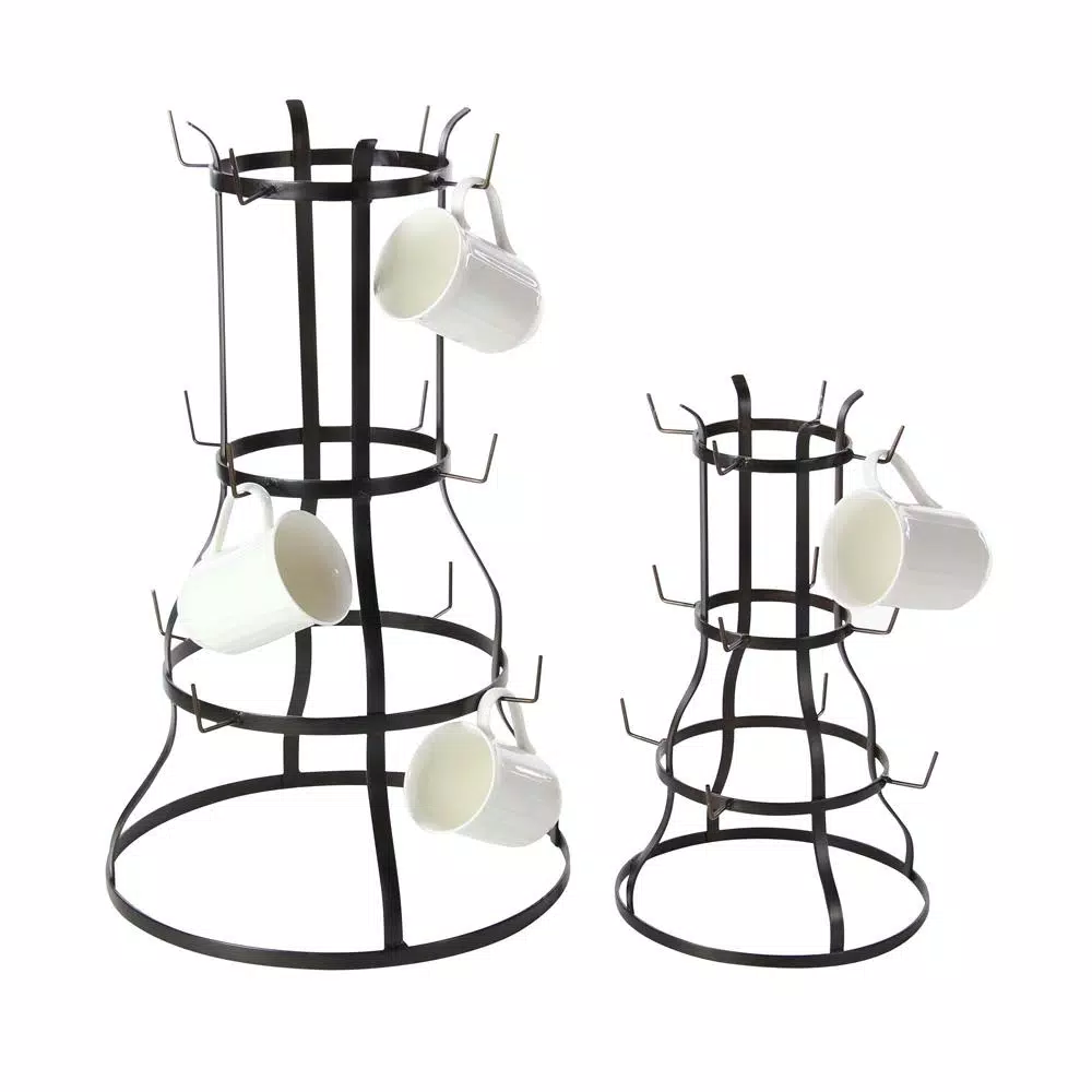 LITTON LANE Set of 2 Industrial Iron Mug Racks - Bell-Shaped Metal Stand with Hooks