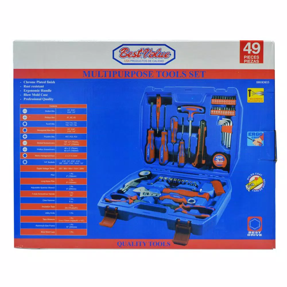 Best Value 49-Piece Homeowners Tool Kit Set with Blow Mold Case and Chrome Plated Finish