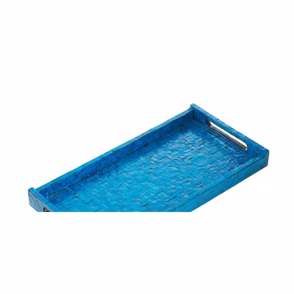 Abigails Blue Wooden Lacquered Basket Weave Rectangle Serving Tray, 18.25 in.