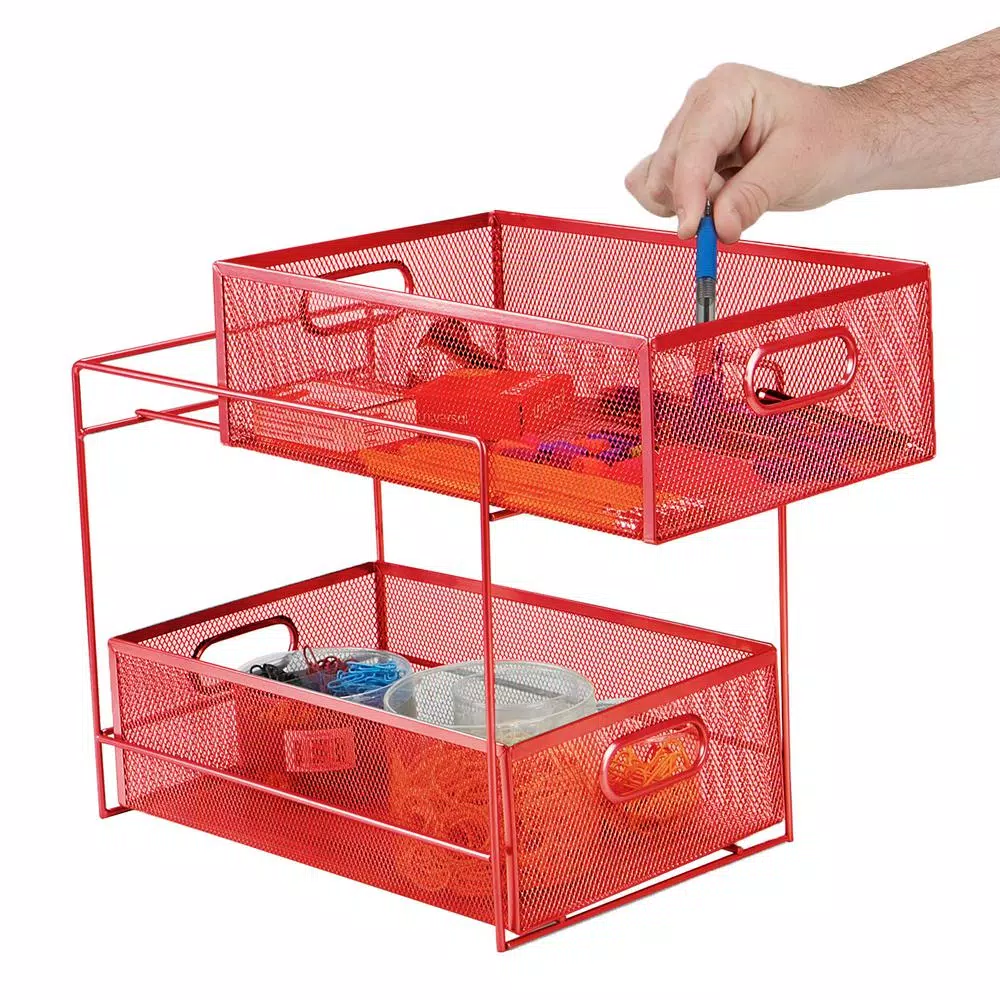 MIND READER 2-Tier Red Metal Mesh Utensil Caddy & Flatware Organizer