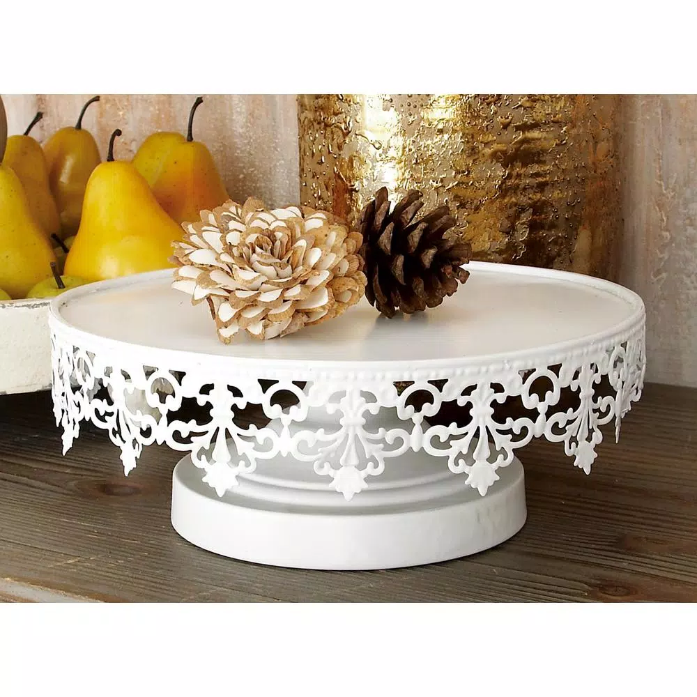 LITTON LANE White Iron Round Cake Stand Set of 3 with Lattice Lace Overhang