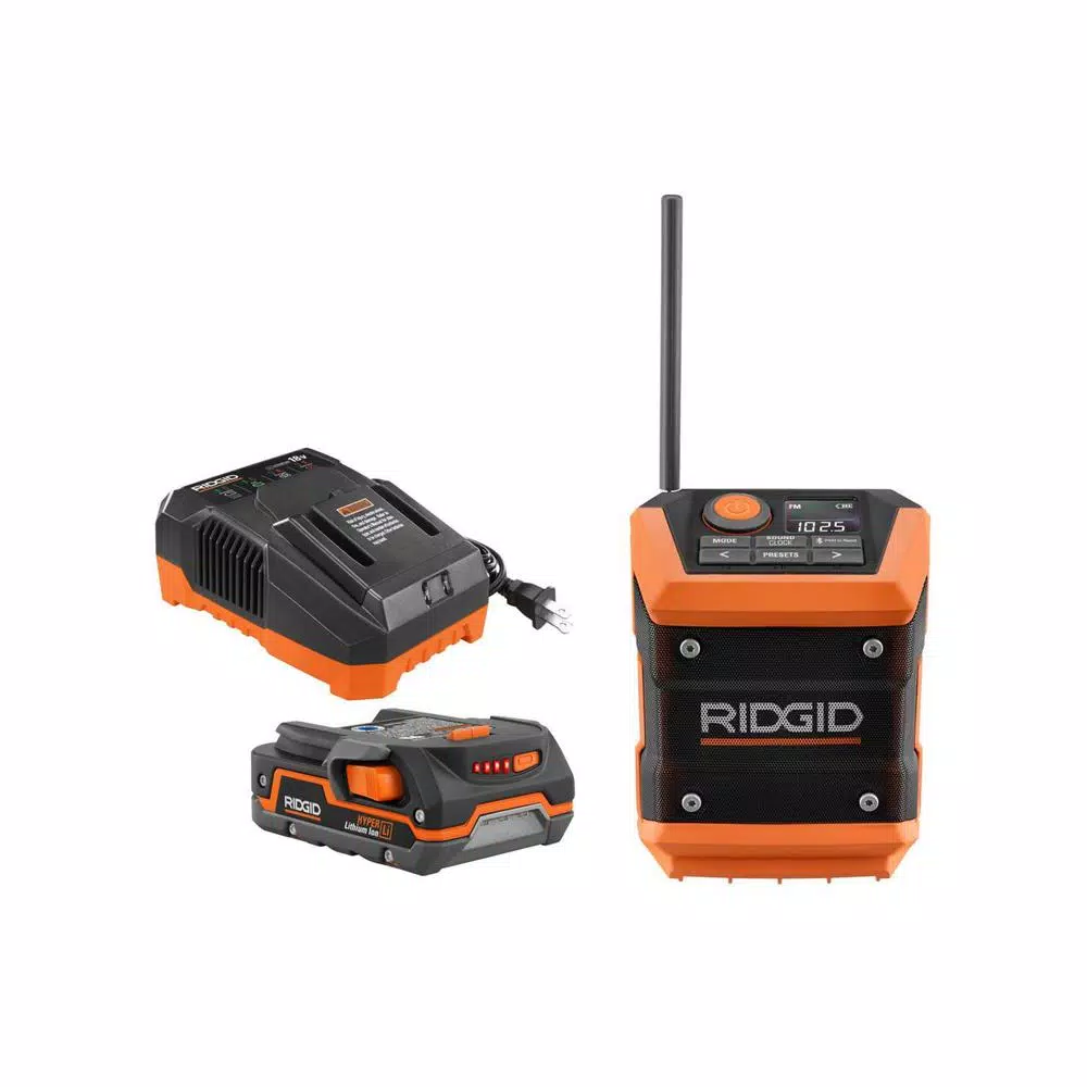 RIDGID 18V Cordless Compact Bluetooth Radio with Radio App, 1.5 Ah Battery & Charger Kit
