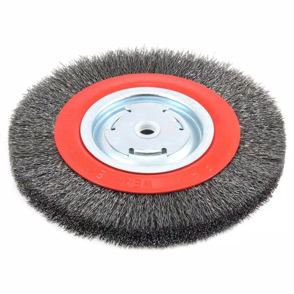 Forney 8 in. Wide Face Crimped Wire Bench Wheel Brush, 1/2 in. and 5/8 in. Arbor