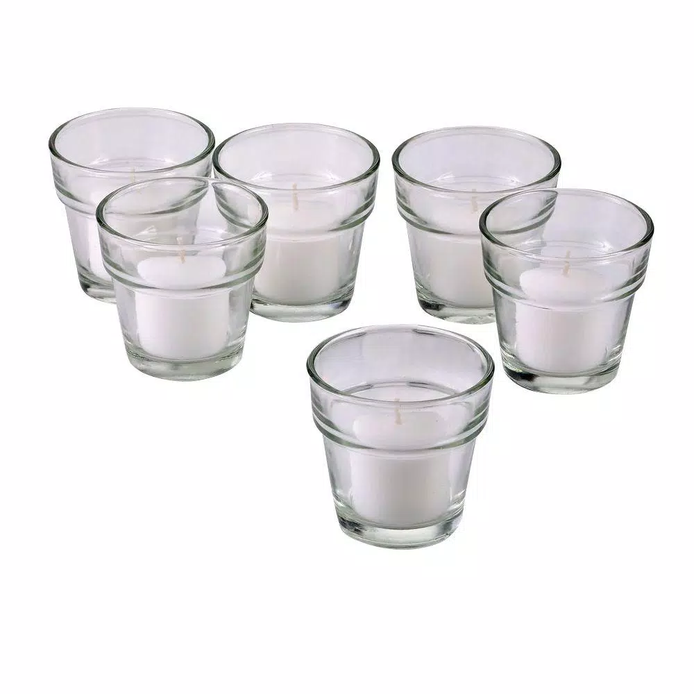 Light In The Dark Clear Glass Flower Pot Votive Candle Holders with White Votive Candles, Set of 12