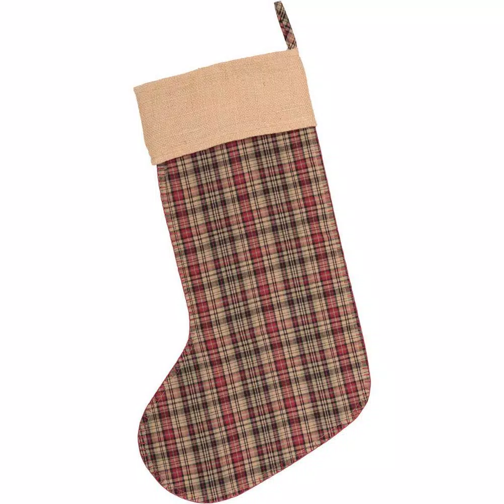 VHC Brands Clement 20 in. Red Plaid and Jute Burlap Rustic Christmas Stocking