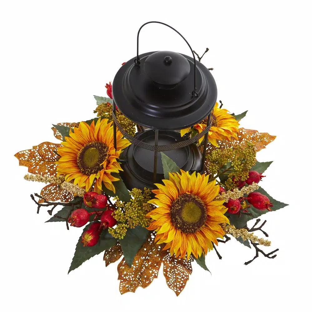 Nearly Natural Sunflower and Berry Artificial Floral Arrangement with Black Metal Candelabrum
