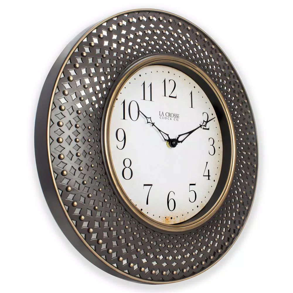La Crosse Technology 16 in. Antiqued Brown Lattice Round Analog Wall Clock with Quartz Movement
