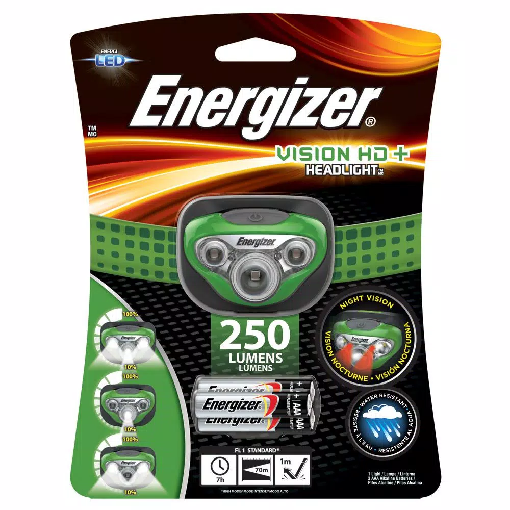 Energizer Vision HD+ LED Headlamp, 350 Lumens, Water & Impact Resistant