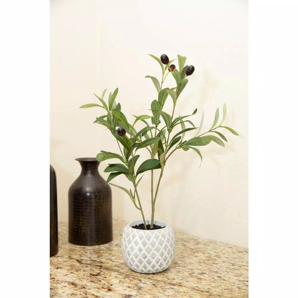 Flora Bunda 14 in. Faux Olive Branch in White Pineapple Pattern Cement Pot
