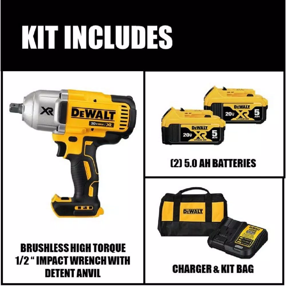 DEWALT 20V MAX XR Brushless 1/2 in. High Torque Impact Wrench Kit with (2) 5.0 Ah Batteries