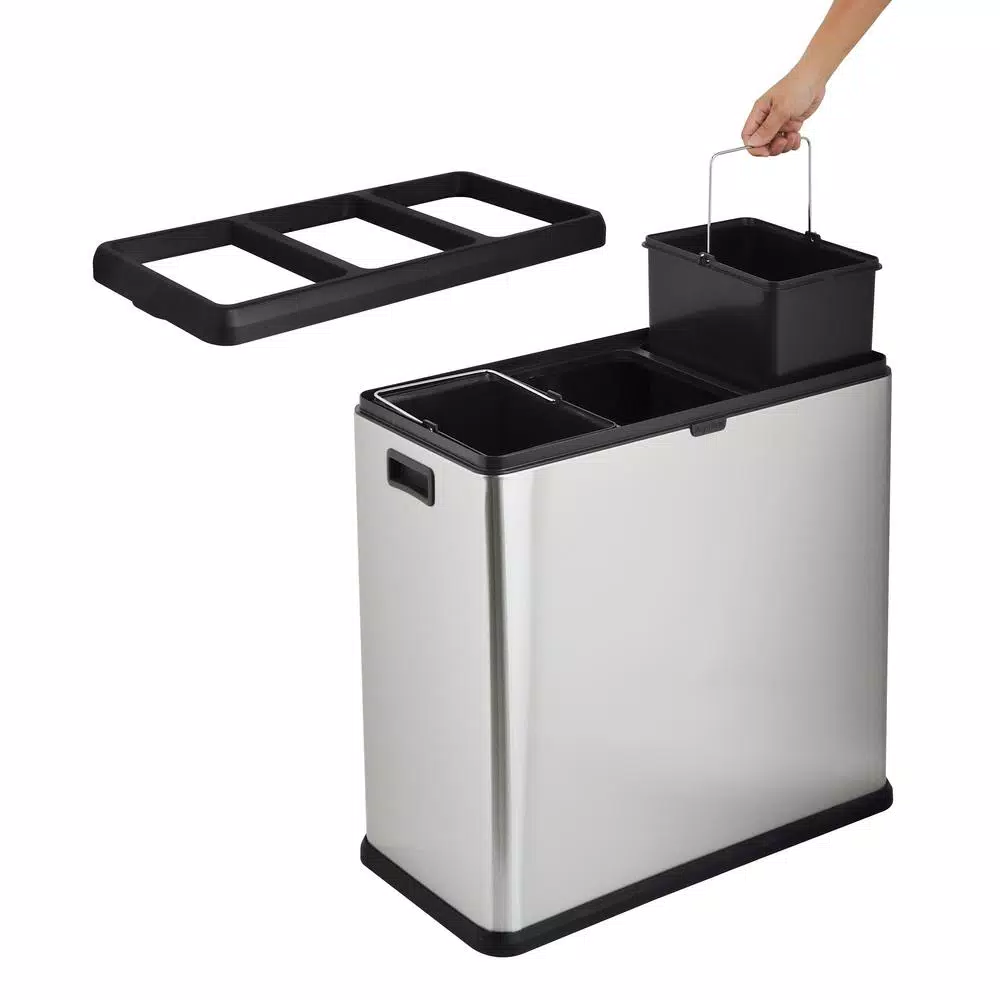 Step N' Sort 16 Gal. Stainless Steel 3-Compartment Open Top Trash and Recycling Bin with Removable Bins