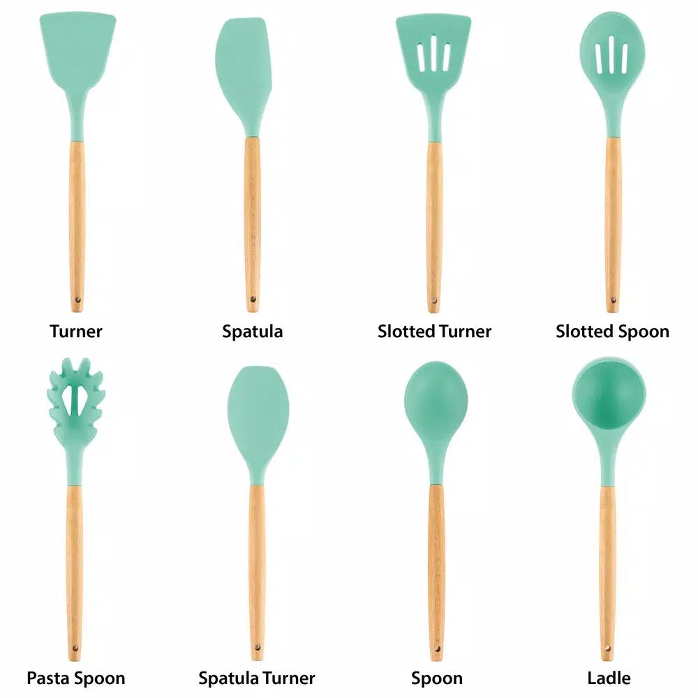 MegaChef 9-Piece Mint Green Silicone and Wood Kitchen Utensil Set with Ceramic Holder