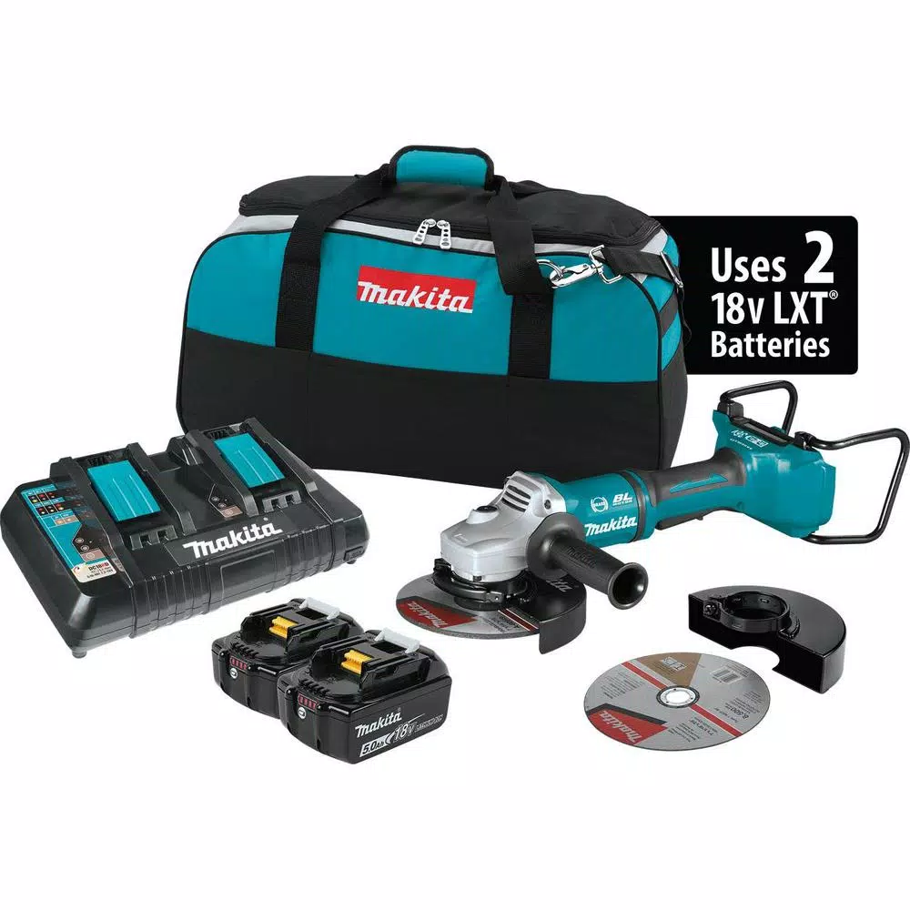 Makita 18V X2 LXT (36V) 7 in. Brushless Paddle Switch Angle Grinder Kit with 5.0 Ah Batteries & 10pk Grinding Wheels