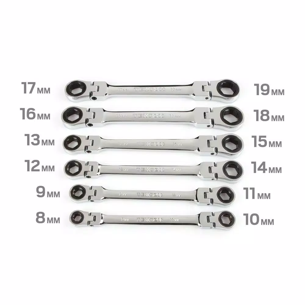 TEKTON 6-Piece Metric Flex-Head Ratcheting Box End Wrench Set, 8-19 mm