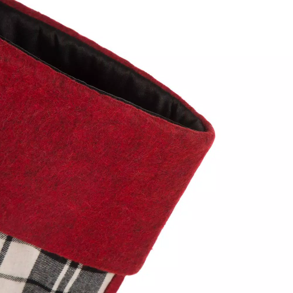 Glitzhome 20 in. Black and White Plaid Fabric Christmas Stocking with Red Rim