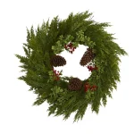 Nearly Natural 26 in. Artificial Cypress Wreath with Red Berries and Pine Cones thumbnail 1